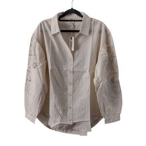 Good Hart Eyelet Puff Sleeve Button Up Shirt Womens Ivory Cream Tunic Tencel Top